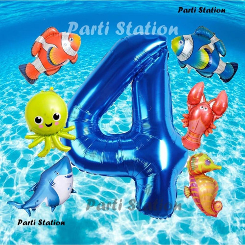 Okyanus Hayvanları 4 Yaş Doğum Günü Balon Set Deniz Canlıları Köpek Balığı Ahtapot Kırmızı Balık Set