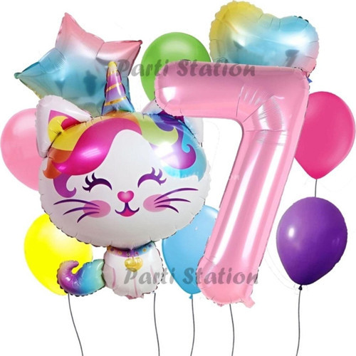 Unicorn Kedi Kitty Konsept 7 Yaş Doğum Günü Parti Balon Set Sevimli Unicorn Kedi Tema Parti Set