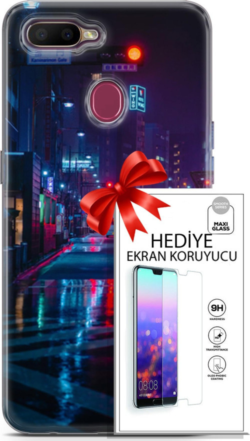 Oppo Ax7 Kılıf Orijinal Seri Cyberpunk 15 Neon Cadde Kalın Silikon + Ekran Koruyucu