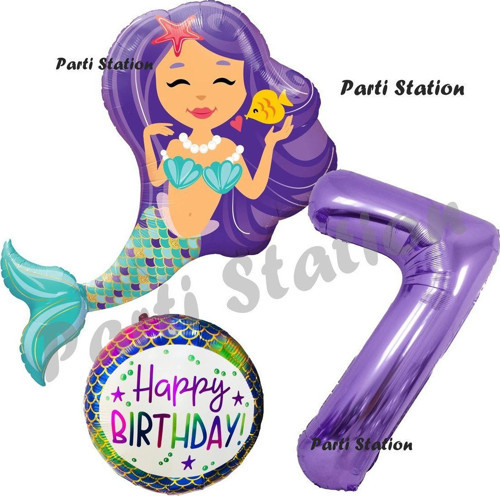 Deniz Kızı Konsept Mermaid Deniz Kızı 7 Yaş Balon Set Ve Mor Rakam Balon Doğum Günü Parti Balon Set