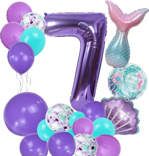 Mor Rakam Balon 7 Yaş Deniz Kızı Temalı Doğum Günü Parti Kutlama Seti Konsept 1