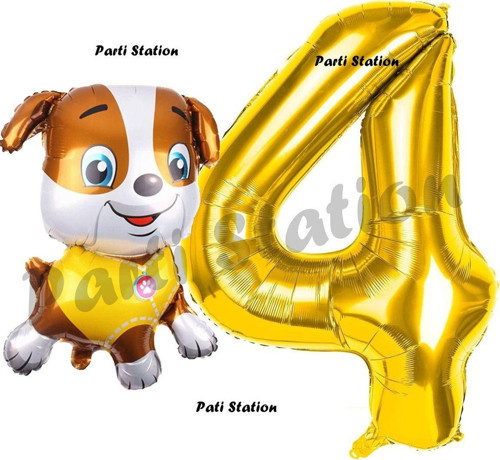 Paw Patrol İnşaat Köpek Rubble 4 Yaş Balon Ve Gold Rakam Balon Doğum Günü Parti Set