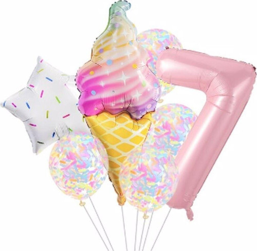 Dondurma 7 Yaş Balon Set Yıldız Balon Folyo Set Ice Cream Dondurma Konsept Doğum Günü Set