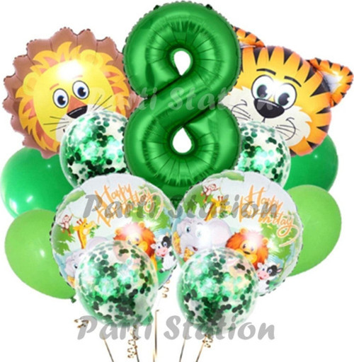 Safari Konsept Balon Seti 8 Yaş Safari Jungle Parti Doğum Günü Balon Karşılama Set Yeşil Rakam Balon