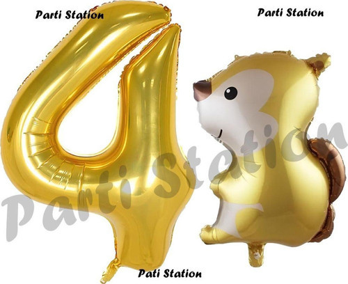 Woodland Sincap Balon 4 Yaş Balon Set Sincap Balon Ve Gold Rakam Balon Doğum Günü Seti