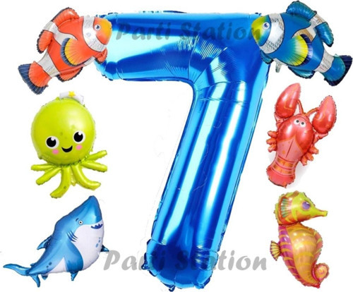 Okyanus Hayvanları 7 Yaş Doğum Günü Balon Set Deniz Canlıları Köpek Balığı Ahtapot Kırmızı Balık Set