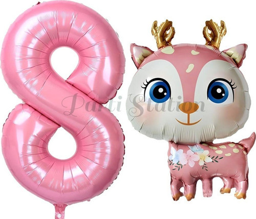 Sevimli Geyik 8 Yaş Balon Set Ceylan Balon Woodland Konsept Geyik Balon Ve Pembe Renk Rakam Balon
