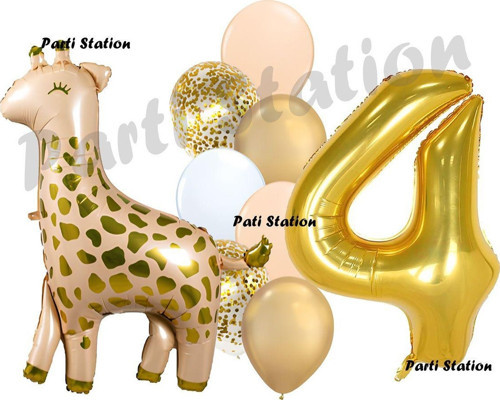 Zürafa Balon Set Safari Zürafa 4 Yaş Balon Set Sevimli Zürafa Ve Gold Rakam Balon Doğum Günü Set