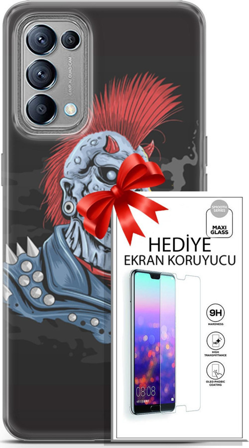 Oppo Reno 5 Kılıf Orijinal Seri Punky 04 Punk Skeleton Silikon Kılıf + Ekran Koruyucu Full Koruma