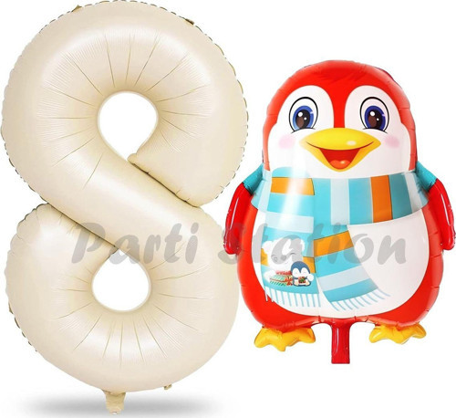 Sevimli Penguen Balon 8 Yaş Doğum Günü Balon Set Penguen Konsept Ve Krem Renk Rakam Balon