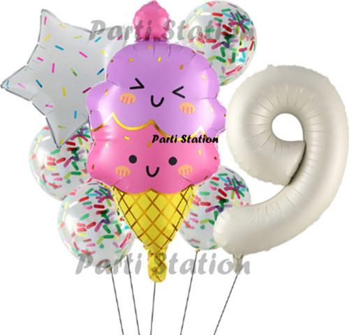 Dondurma İce Cream Konsept Doğum Günü 9 Yaş Balon Set Yaz Tema Sevimli Dondurma Folyo Balon Set