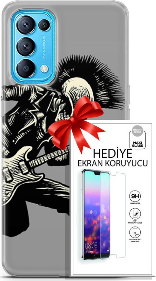 Oppo Reno 5 Pro Kılıf Orijinal Seri Punky 07 Punk Gitarist Desenli Kılıf + Ön Ekran Koruyucu