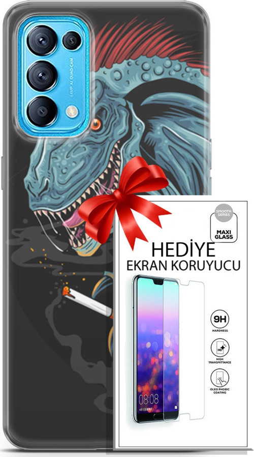 Oppo Reno 5 Pro Kılıf Orijinal Seri Punky 19 Dinozor Punk Tam Koruma Kılıf + Ekran Koruyucu