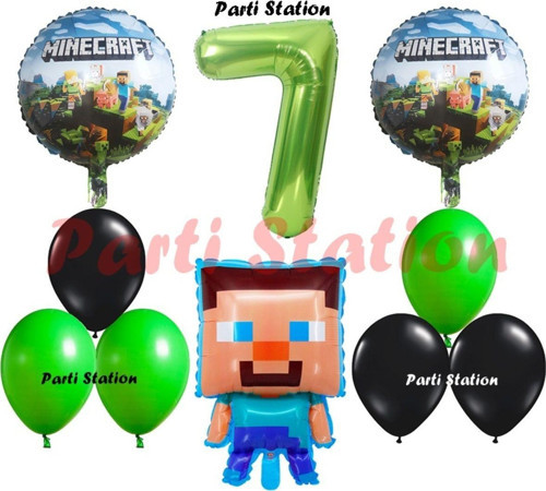 Yeşil Rakam Balonlu Minecraft Konsept Doğum Günü 7 Yaş Balon Set Minecraft Yeşil Siyah Balon Set