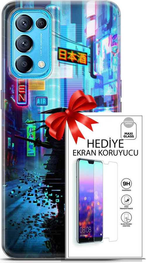 Oppo Reno 5 Pro Kılıf Orijinal Seri Cyberpunk 29 Open Leke Tutmaz Kapak + Ekran Koruyucu