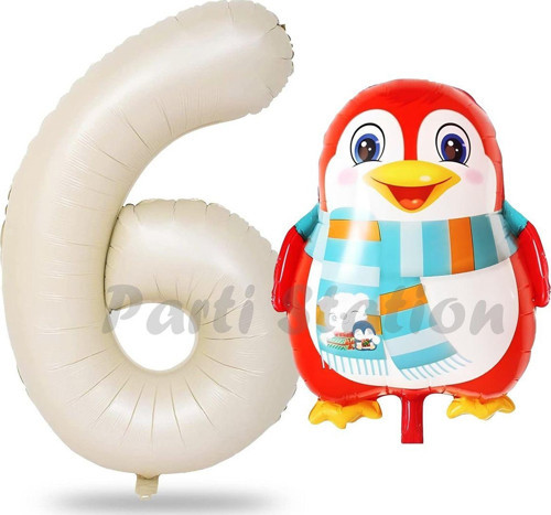 Sevimli Penguen Balon 6 Yaş Doğum Günü Balon Set Penguen Konsept Ve Krem Renk Rakam Balon