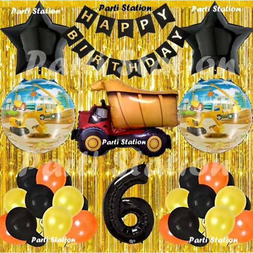 İnşaat Konsept Kamyon Balon Set 6 Yaş Sarı Siyah İnşaat Tema Kamyon Doğum Günü Balon Set