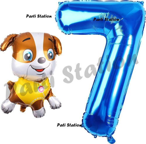 Paw Patrol İnşaat Köpek Rubble 7 Yaş Balon Ve Lacivert Rakam Balon Doğum Günü Parti Set