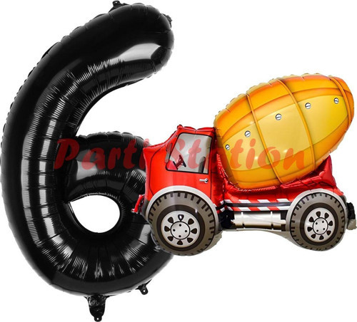 İnşaat Mikser Kamyonu Balon 6 Yaş Doğum Günü Balon Set İş Makinaları Konsept Ve Siyah Rakam Balon