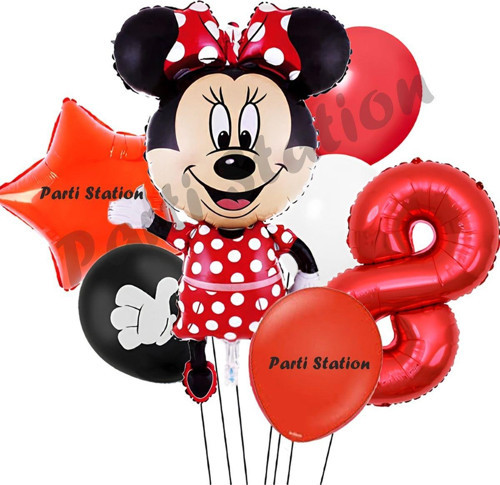 Minnie Mouse 8 Yaş Doğum Günü Set Minnie Mouse Konsept Balon Ve Kırmızı Rakam Balon