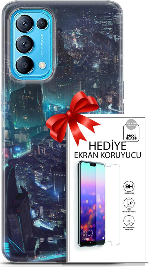 Oppo Reno 5 Pro Kılıf Orijinal Seri Cyberpunk 17 Işıklı Şehir Yumuşak Kılıf + Ekran Koruyucu