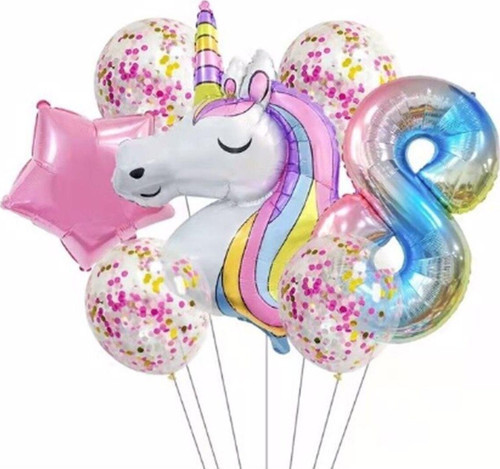 Unicorn Gökkuşağı 8 Yaş Folyo Balon Set Konsept Doğum Günü Set Yaş Balon Set
