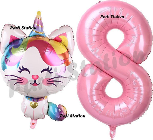 Unicorn Kedi Balon 1 Yaş Doğum Günü Balon Set Unicorn Kedi Konsept Balon Ve Pembe Rakam Balon
