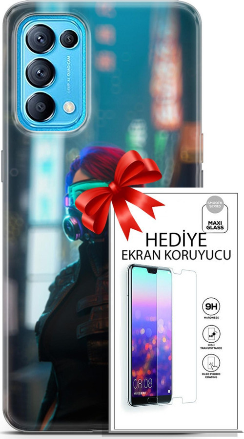 Oppo Reno 5 Pro Kılıf Orijinal Seri Cyberpunk 04 Vr Glass Silikon Kılıf + Ekran Koruyucu Full Koruma