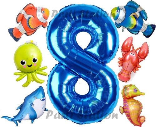 Okyanus Hayvanları 8 Yaş Doğum Günü Balon Set Deniz Canlıları Köpek Balığı Ahtapot Kırmızı Balık Set