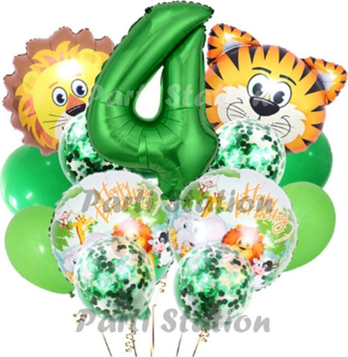 Safari Konsept Balon Seti 4 Yaş Safari Jungle Parti Doğum Günü Balon Karşılama Set Yeşil Rakam Balon