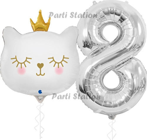 Beyaz Kedi 8 Yaş Doğum Günü Balon Set White Cat White Kitty Konsept Parti Balon Set Beyaz Kedi Tema