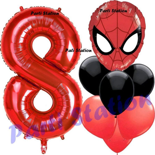 Örümcek Adam 8 Yaş Balon Ve Kırmızı Rakam Balon Doğum Günü Parti Set Spiderman Kırmızı Balon Set