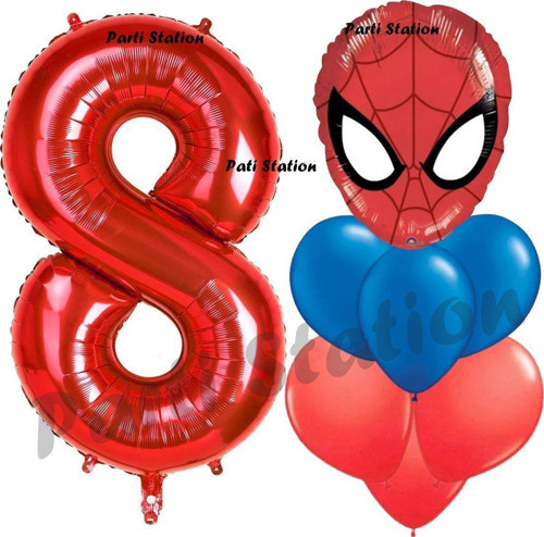 Örümcek Adam 8 Yaş Balon Ve Kırmızı Rakam Balon Doğum Günü Parti Set Spiderman Lacivert Balon Set