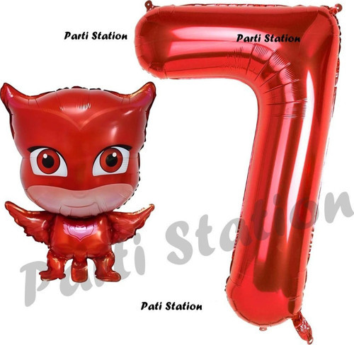 Pijamaskeliler Baykuş Kız Balon 7 Yaş Doğum Günü Set Pjmasks Konsept Balon Ve Kırmızı Rakam Balon