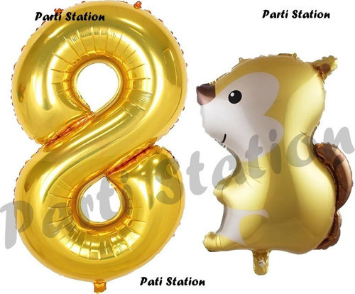 Woodland Sincap Balon 8 Yaş Balon Set Sincap Balon Ve Gold Rakam Balon Doğum Günü Seti