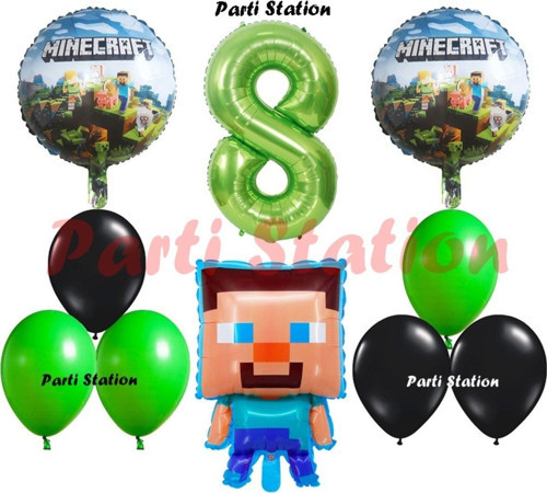 Yeşil Rakam Balonlu Minecraft Konsept Doğum Günü 8 Yaş Balon Set Minecraft Yeşil Siyah Balon Set