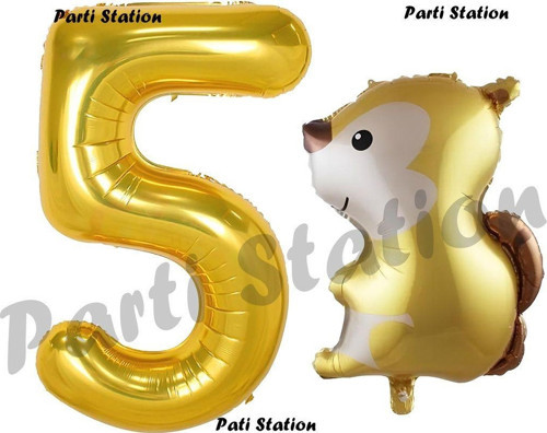 Woodland Sincap Balon 5 Yaş Balon Set Sincap Balon Ve Gold Rakam Balon Doğum Günü Seti