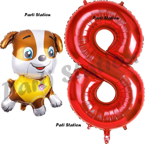 Paw Patrol İnşaat Köpek Rubble 8 Yaş Balon Ve Kırmızı Rakam Balon Doğum Günü Parti Set