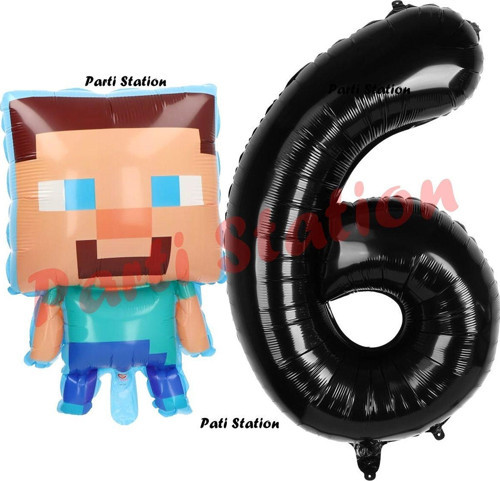 Minecraft Balon 6 Yaş Doğum Günü Set Minecraft Konsept Balon Ve Siyah Rakam Balon