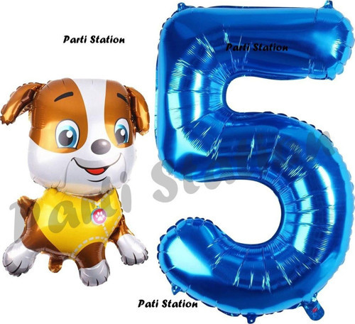 Paw Patrol İnşaat Köpek Rubble 5 Yaş Balon Ve Lacivert Rakam Balon Doğum Günü Parti Set