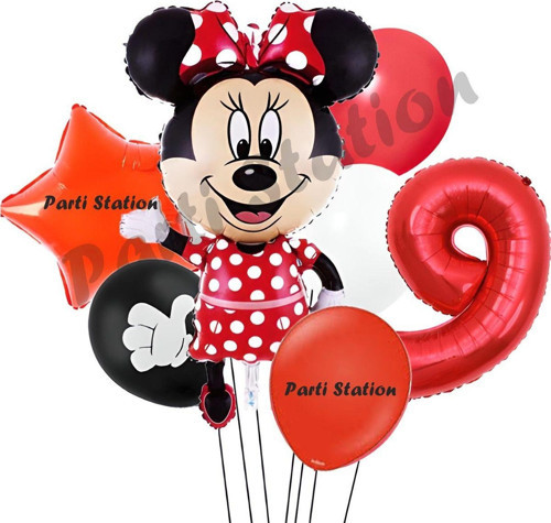 Minnie Mouse 9 Yaş Doğum Günü Set Minnie Mouse Konsept Balon Ve Kırmızı Rakam Balon