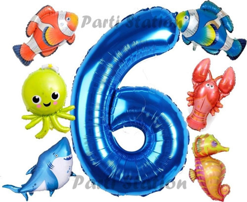 Okyanus Hayvanları 6 Yaş Doğum Günü Balon Set Deniz Canlıları Köpek Balığı Ahtapot Kırmızı Balık Set