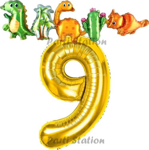 Altın Renk Rakam Balonlu Dinozor 9 Yaş Doğum Günü Parti Yapışık Balon Set Dinozor Tema Parti Set