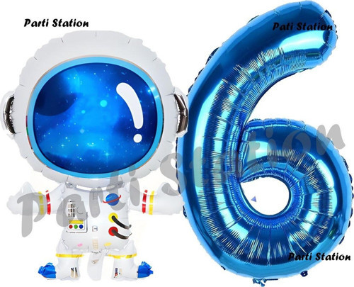 Uzay Astronot Konsept 6 Yaş Balon Set Uzay Astronot Ve Lacivert Rakam Balon Doğum Günü Balon Set