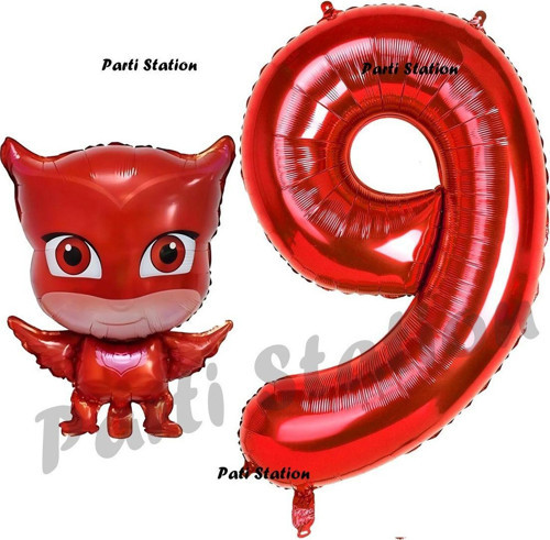 Pijamaskeliler Baykuş Kız Balon 9 Yaş Doğum Günü Set Pjmasks Konsept Balon Ve Kırmızı Rakam Balon