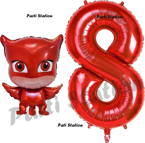 Pijamaskeliler Baykuş Kız Balon 8 Yaş Doğum Günü Set Pjmasks Konsept Balon Ve Kırmızı Rakam Balon