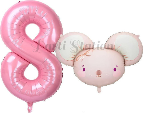 Pink Mouse 1 Yaş Balon Set Sevimli Pembe Fare Konsept Balon Ve Pembe Rakam Balon Hamster Balon