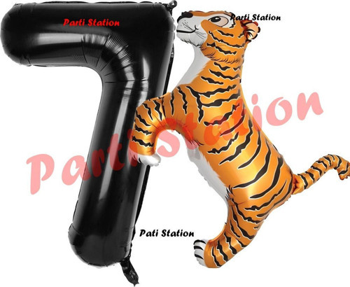 Safari Kaplan Balon 7 Yaş Balon Set Kaplan Balon Ve Siyah Rakam Balon Doğum Günü Seti