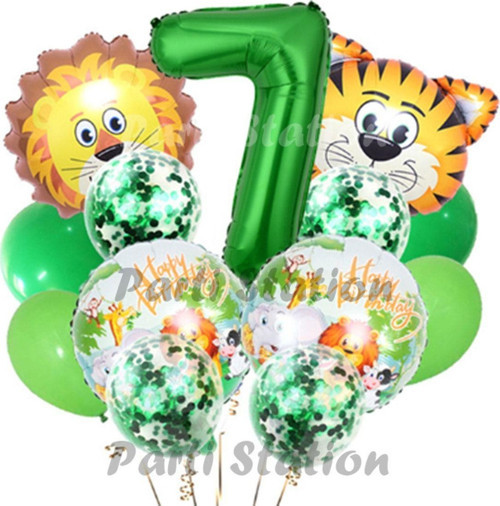 Safari Konsept Balon Seti 7 Yaş Safari Jungle Parti Doğum Günü Balon Karşılama Set Yeşil Rakam Balon