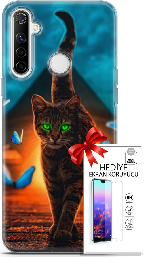 Realme 6İ Kılıf Orijinal Seri Algorand 09 Yeşil Neon Kedi Uv Kılıf Ve Ekran Koruyucu